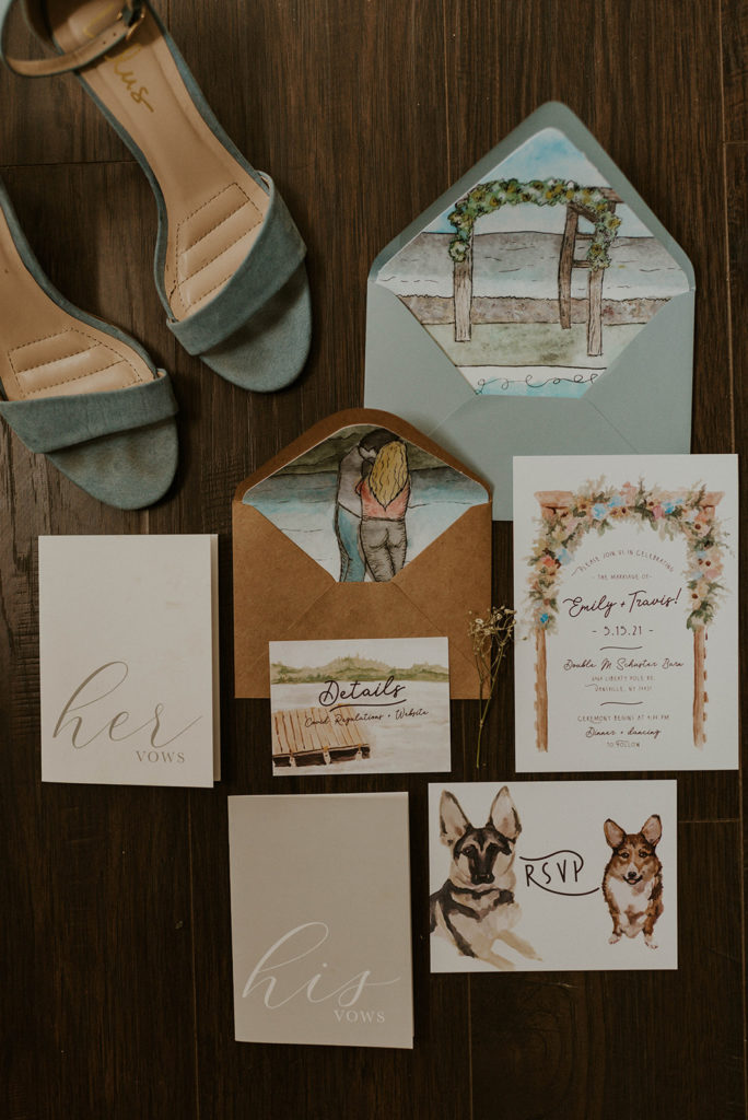 Wedding stationery with a watercolor painting of the dog.