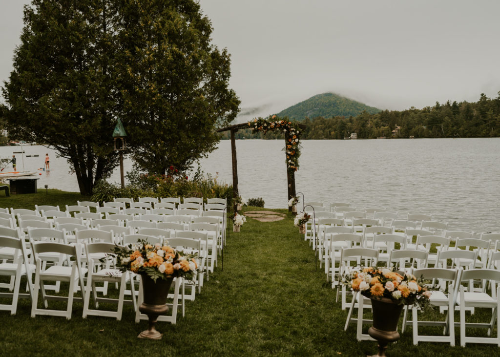 The ceremony site at a waterfront wedding venue.